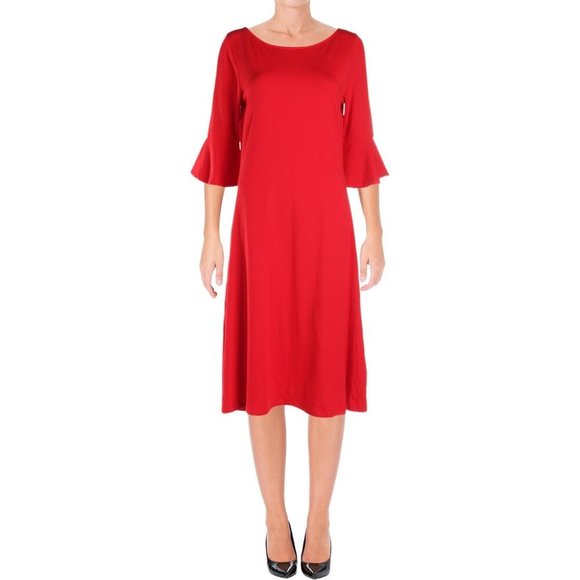 SOLD! Lauren Ralph Lauren Fit Flare Midi Dress Red - Picture 2 of 3